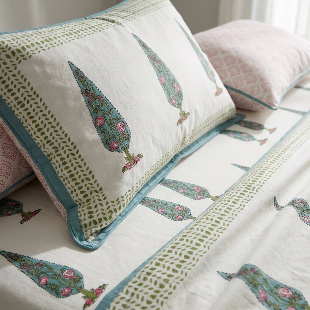 White & Green Cypress Tree Sanganeri hand block print cotton bedsheet set | Jaipur Indian hand block print bedsheet with pillow shams | House of Avana