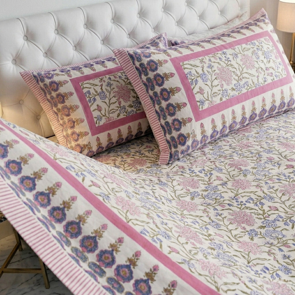 Cream & Pink Blue Floral Sanganeri hand block print cotton bedsheet set | Jaipur Indian hand block print bedsheet with pillow shams | House of Avana