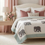 Cream & Grey Elephant Jaipur Indian hand block print elephant quilted comforter | Jaipur Indian hand block print cotton muslin quilted comforter | Sanganer elephant block print bedding | Queen King size quilt India | House of Avana