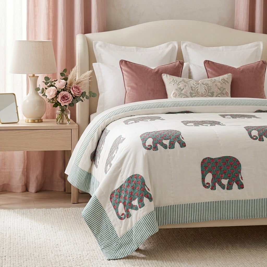 Cream & Grey Elephant Jaipur Indian hand block print elephant quilted comforter | Jaipur Indian hand block print cotton muslin quilted comforter | Sanganer elephant block print bedding | Queen King size quilt India | House of Avana