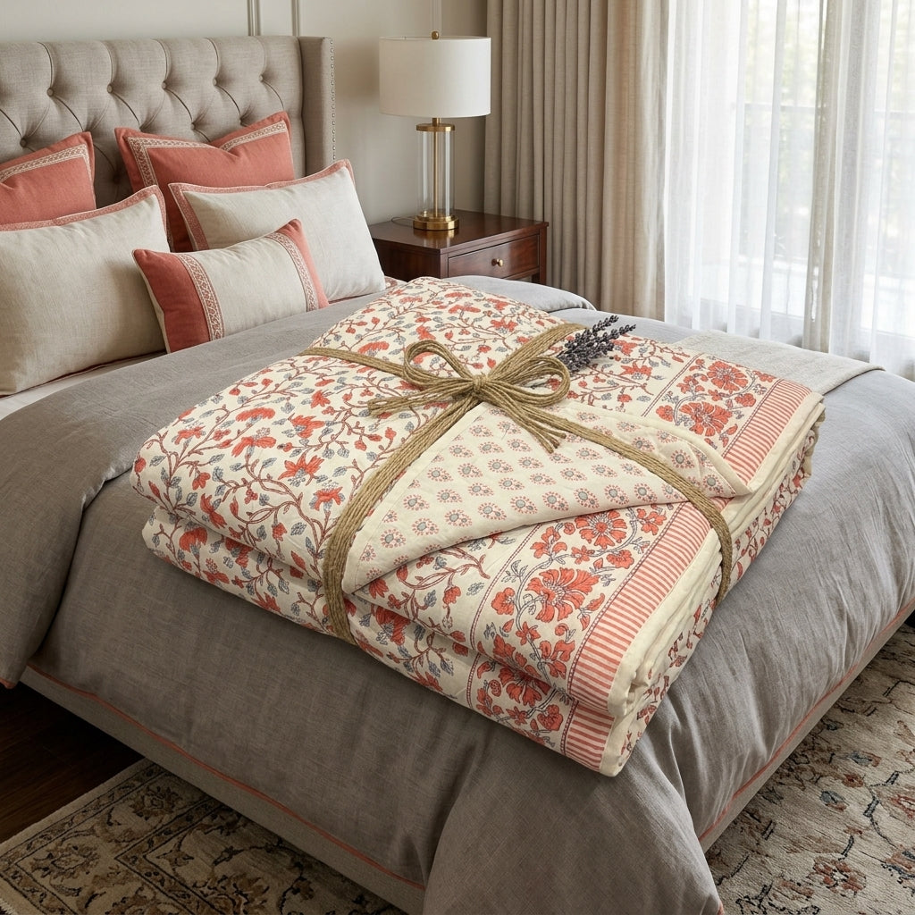 Cream & Coral Pink Floral Jaipur Indian hand block print floral quilted comforter | Jaipur Indian hand block print cotton muslin quilted comforter | Sanganer floral block print bedding | Queen King size quilt India | House of Avana