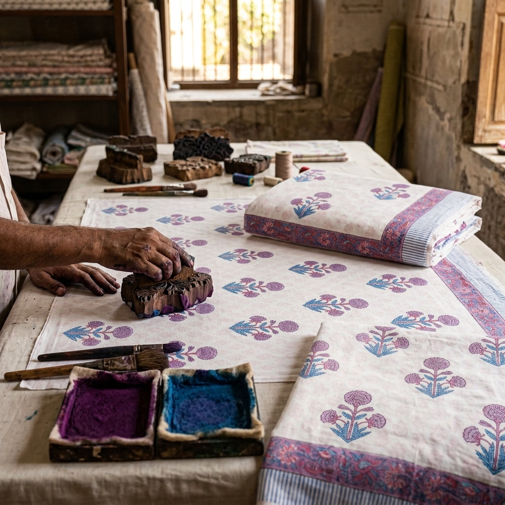 Cream & Purple & Blue Floral Jaipur Indian hand block print floral quilted comforter | Jaipur Indian hand block print cotton muslin quilted comforter | Sanganer floral block print bedding | Queen King size quilt India | House of Avana