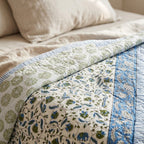 Cream & Blue & Green Floral Jaipur Indian hand block print floral quilted comforter | Jaipur Indian hand block print cotton muslin quilted comforter | Sanganer floral block print bedding | Queen King size quilt India | House of Avana