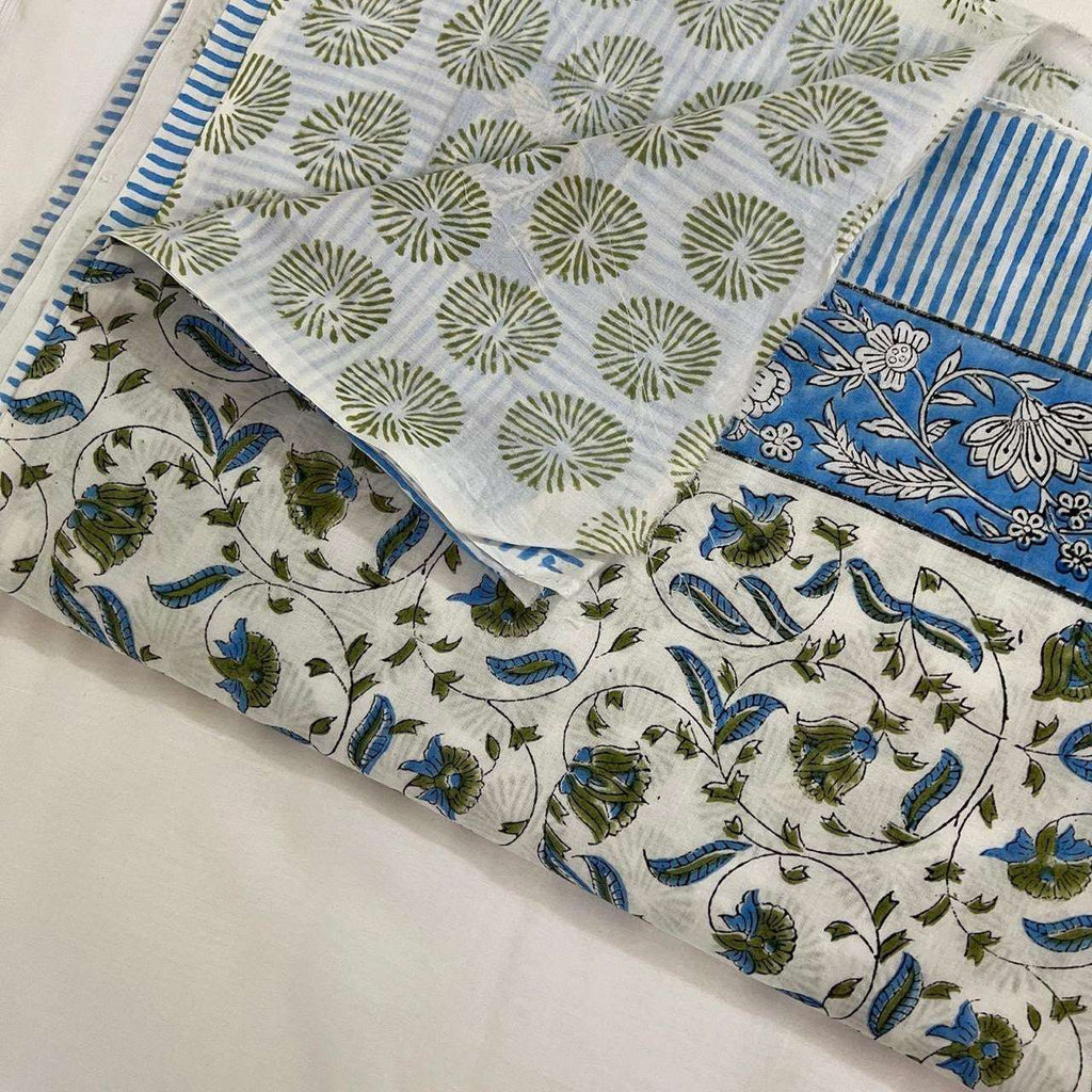 Cream & Blue Green Botanical Floral Sanganeri hand block print cotton bedsheet set | Jaipur Indian hand block print bedsheet with pillow shams | House of Avana [[SKU:HOA-IND-BS-BLGN-009]]