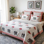 Cream & Grey Elephant Parasol Jaipur Indian hand block print elephant quilted comforter | Jaipur Indian hand block print cotton muslin quilted comforter | Sanganer elephant block print bedding | Queen King size quilt India | House of Avana