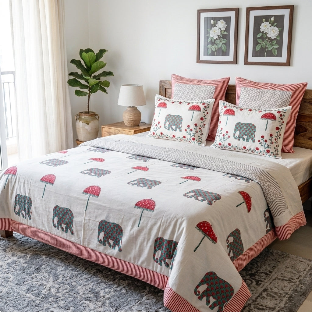 Cream & Grey Elephant Parasol Jaipur Indian hand block print elephant quilted comforter | Jaipur Indian hand block print cotton muslin quilted comforter | Sanganer elephant block print bedding | Queen King size quilt India | House of Avana
