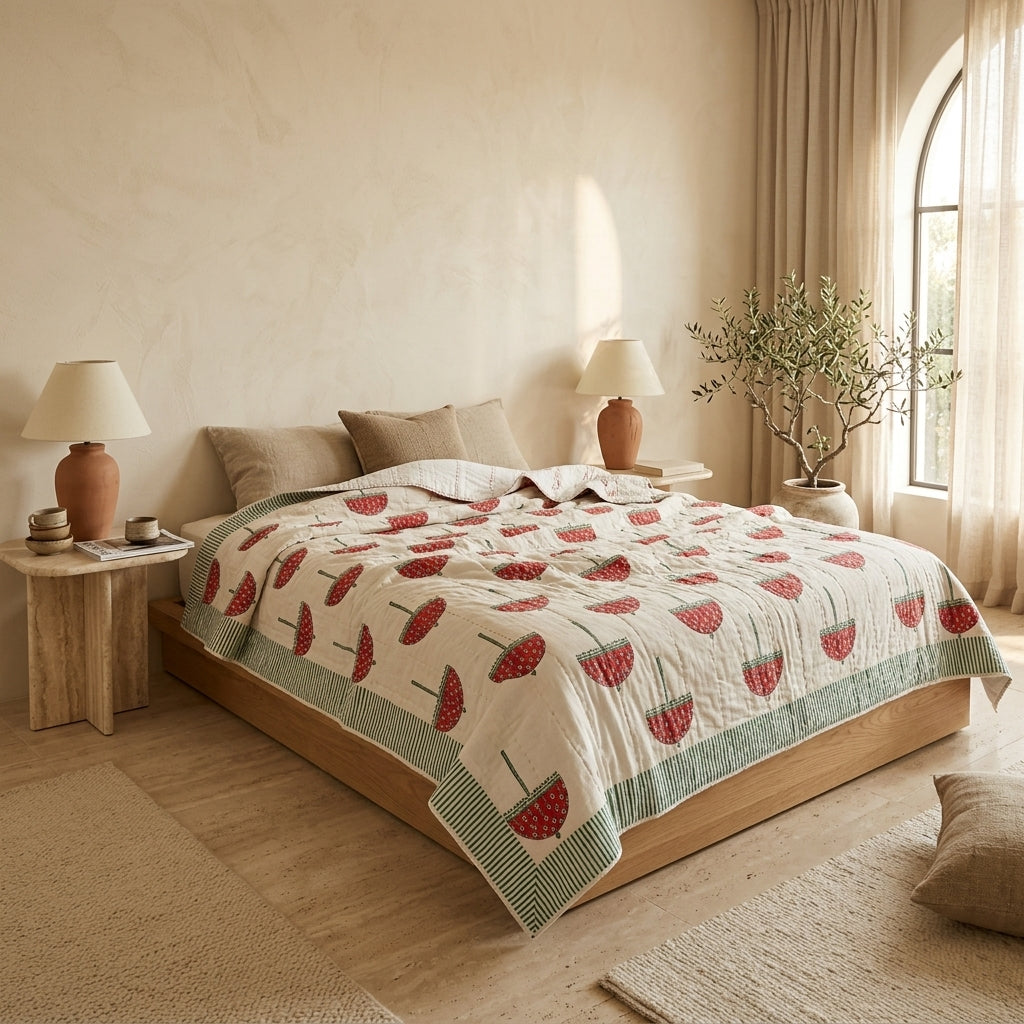 Cream & Red Tulip Floral Jaipur Indian hand block print tulip quilted comforter | Jaipur Indian hand block print cotton muslin quilted comforter | Sanganer tulip block print bedding | Queen King size quilt India | House of Avana