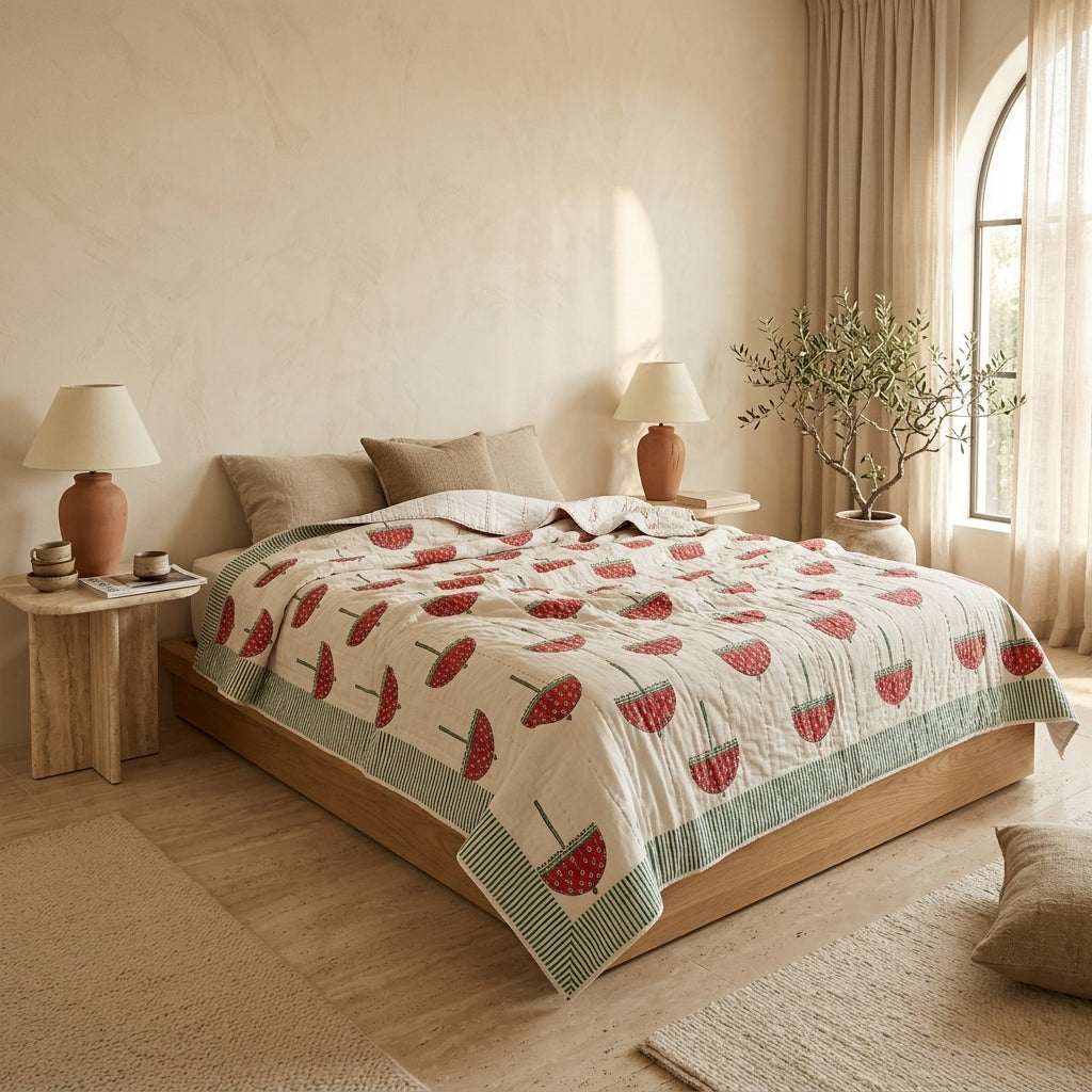Cream & Red Tulip Floral Jaipur Indian hand block print tulip quilted comforter | Jaipur Indian hand block print cotton muslin quilted comforter | Sanganer tulip block print bedding | Queen King size quilt India | House of Avana [[SKU:HOA-COM-RDSG-035]]