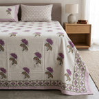 White & Purple Mauve Lotus Buti Sanganeri hand block print cotton bedsheet set | Jaipur Indian hand block print bedsheet with pillow shams | House of Avana