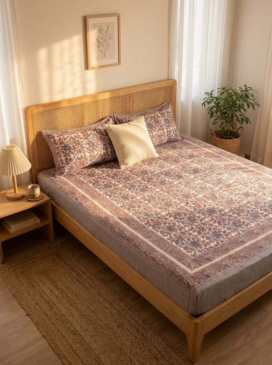 Cream & Rust Blue Vintage Floral Sanganeri hand block print cotton bedsheet set | Jaipur Indian hand block print bedsheet with pillow shams | House of Avana