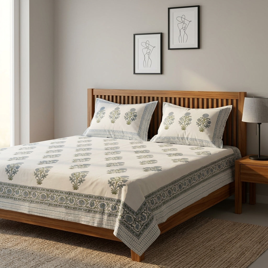 White & Grey Sage Green Buti Sanganeri hand block print cotton bedsheet set | Jaipur Indian hand block print bedsheet with pillow shams | House of Avana