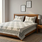 White & Grey Sage Green Buti Sanganeri hand block print cotton bedsheet set | Jaipur Indian hand block print bedsheet with pillow shams | House of Avana