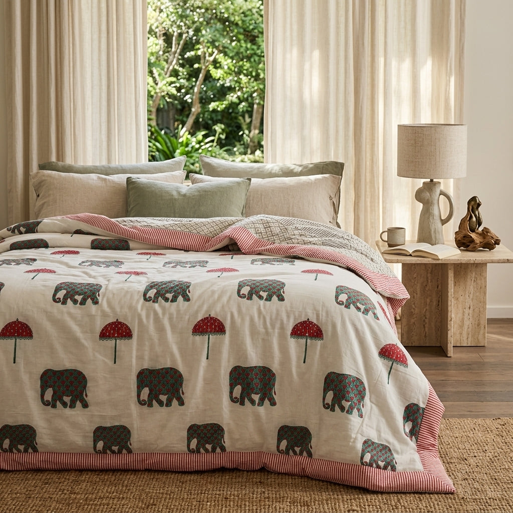 Cream & Grey Elephant Parasol Jaipur Indian hand block print elephant quilted comforter | Jaipur Indian hand block print cotton muslin quilted comforter | Sanganer elephant block print bedding | Queen King size quilt India | House of Avana