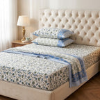 Cream & Blue Green Botanical Floral Sanganeri hand block print cotton bedsheet set | Jaipur Indian hand block print bedsheet with pillow shams | House of Avana