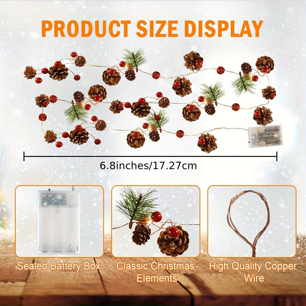1pc 20-LED Warm White & Multicolor Fairy Lights with Pine Cones & Red Baubles - 199.95cm Indoor/ Christmas Tree, Wedding, Party, Home Decorations - Plug-in String Lights with On/Off Control, Durable Plastic Construction, ( No House Of Avana