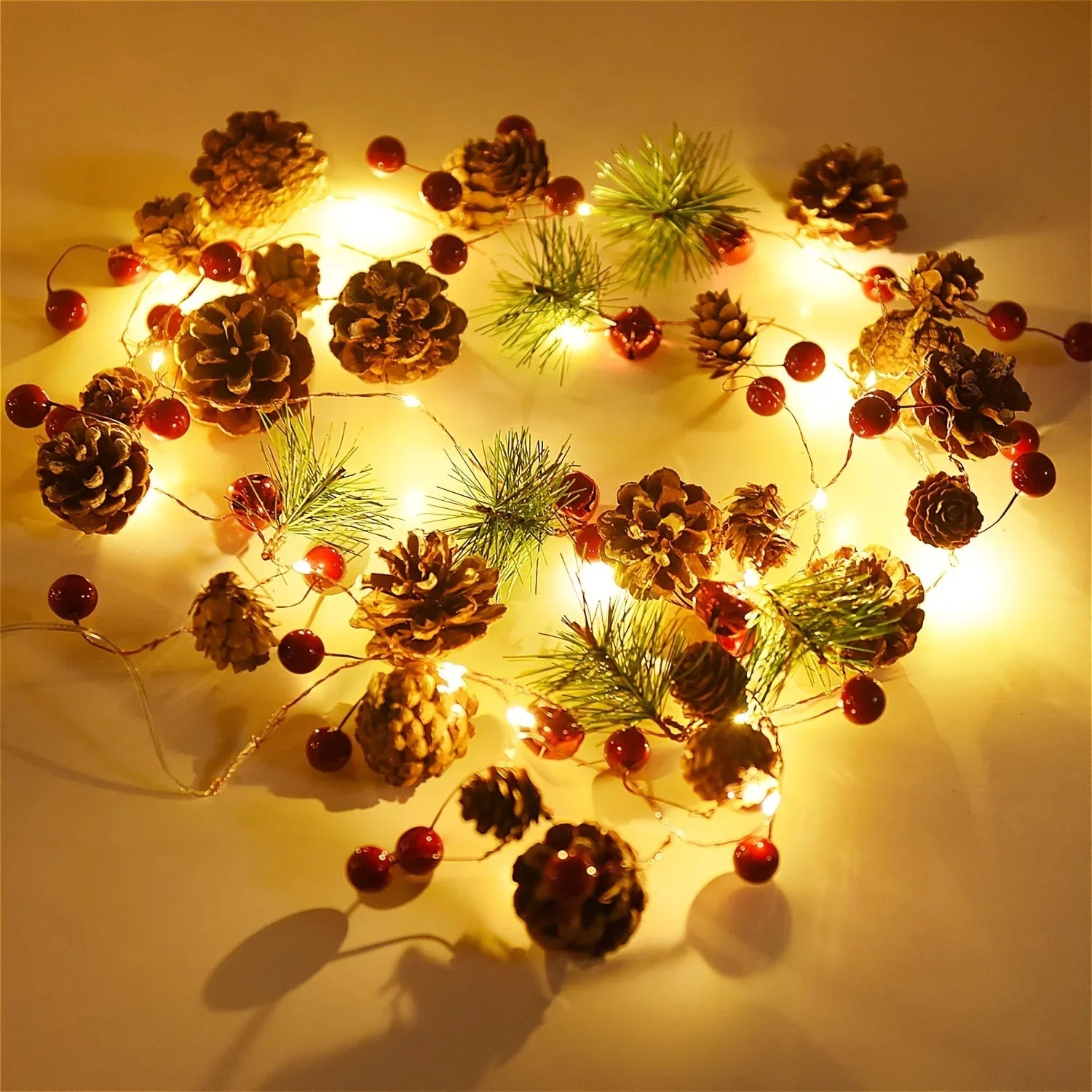 1pc 20-LED Warm White & Multicolor Fairy Lights with Pine Cones & Red Baubles - 199.95cm Indoor/ Christmas Tree, Wedding, Party, Home Decorations - Plug-in String Lights with On/Off Control, Durable Plastic Construction, ( No House Of Avana
