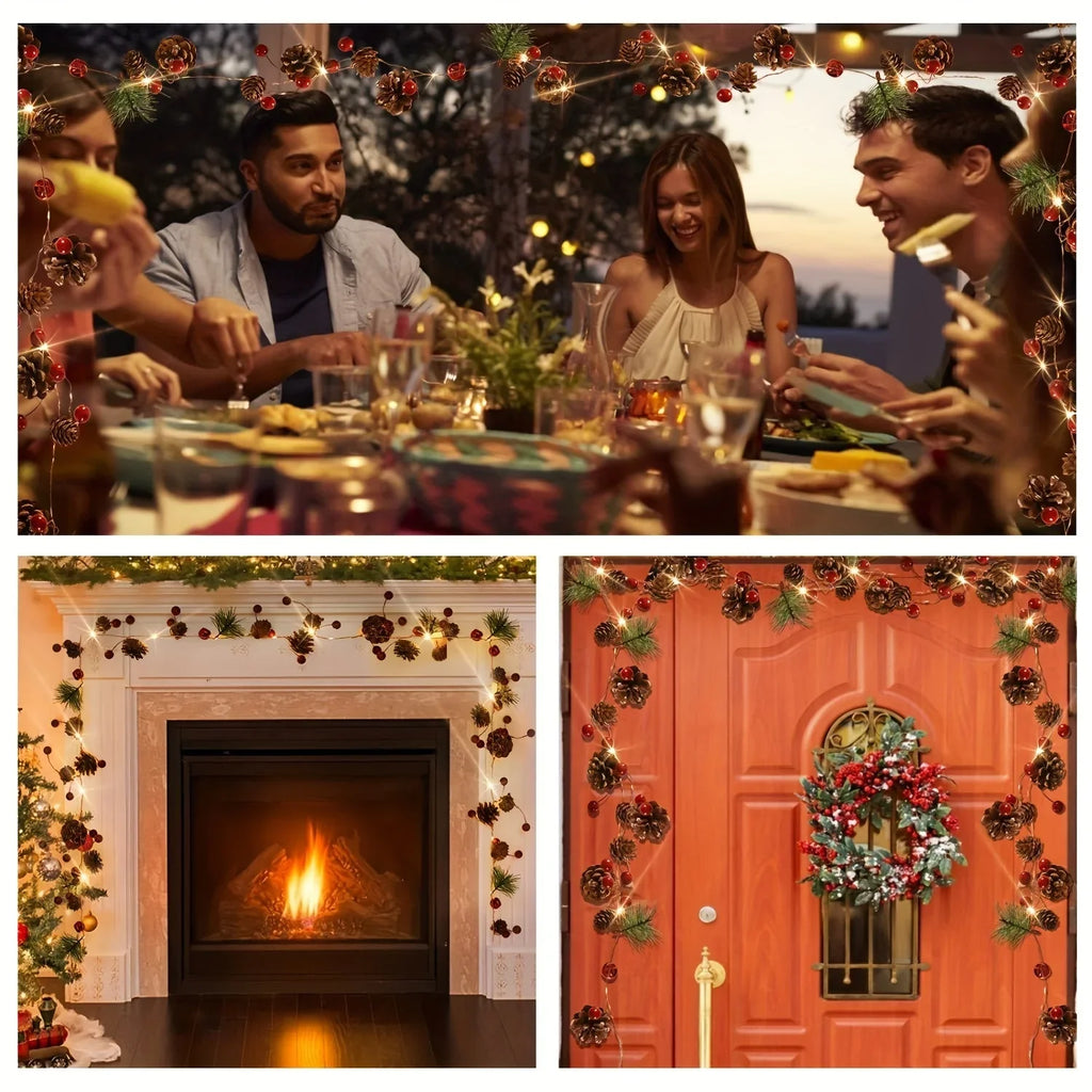 1pc 20-LED Warm White & Multicolor Fairy Lights with Pine Cones & Red Baubles - 199.95cm Indoor/ Christmas Tree, Wedding, Party, Home Decorations - Plug-in String Lights with On/Off Control, Durable Plastic Construction, ( No House Of Avana