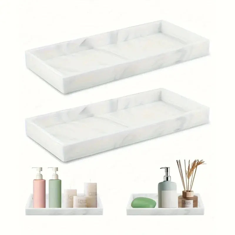 Marble Rectangular Decorative Tray - Elegant White & Golden Bathroom Vanity Organizer with Multiple... - House Of Avana