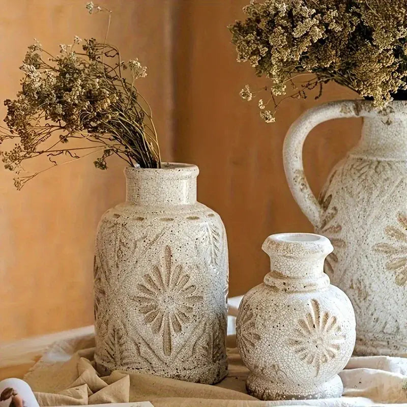 Rural Farmhouses Ceramic Vase, Decorative Floral Texture Vase for Home Decor, Living Room Decor, Shelf... - House Of Avana [[SKU:HOA-VAS-024]]