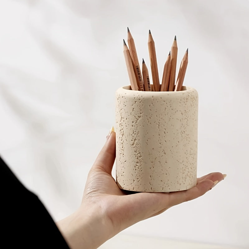 1pc Bohemian Style Pen Holder with Stone Pattern, Multi-Functional Desktop Organizer for Office Desk, Cute Aesthetic Makeup Brush Storage Box, Portable Polished Finish, Ideal for Home Office Art Supplies, Office Supplies And House Of Avana