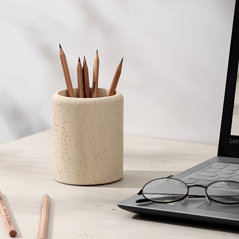 1pc Bohemian Style Pen Holder with Stone Pattern, Multi-Functional Desktop Organizer for Office Desk, Cute Aesthetic Makeup Brush Storage Box, Portable Polished Finish, Ideal for Home Office Art Supplies, Office Supplies And House Of Avana