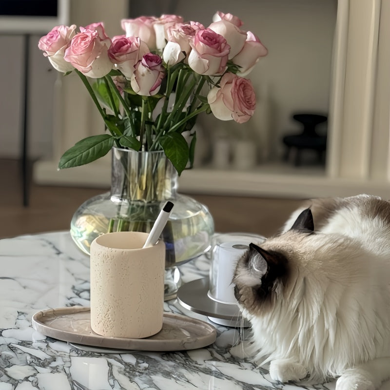 1pc Bohemian Style Pen Holder with Stone Pattern, Multi-Functional Desktop Organizer for Office Desk, Cute Aesthetic Makeup Brush Storage Box, Portable Polished Finish, Ideal for Home Office Art Supplies, Office Supplies And House Of Avana