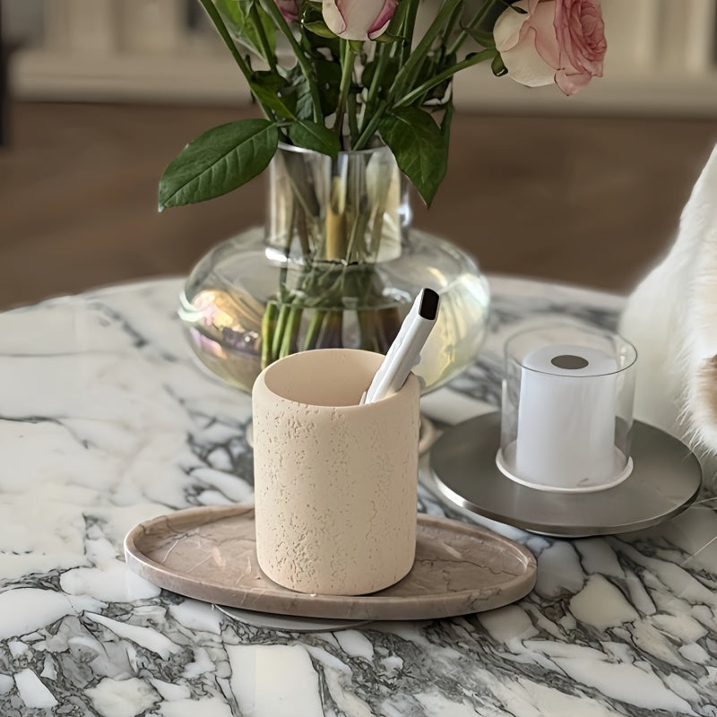 1pc Bohemian Style Pen Holder with Stone Pattern, Multi-Functional Desktop Organizer for Office Desk, Cute Aesthetic Makeup Brush Storage Box, Portable Polished Finish, Ideal for Home Office Art Supplies, Office Supplies And House Of Avana