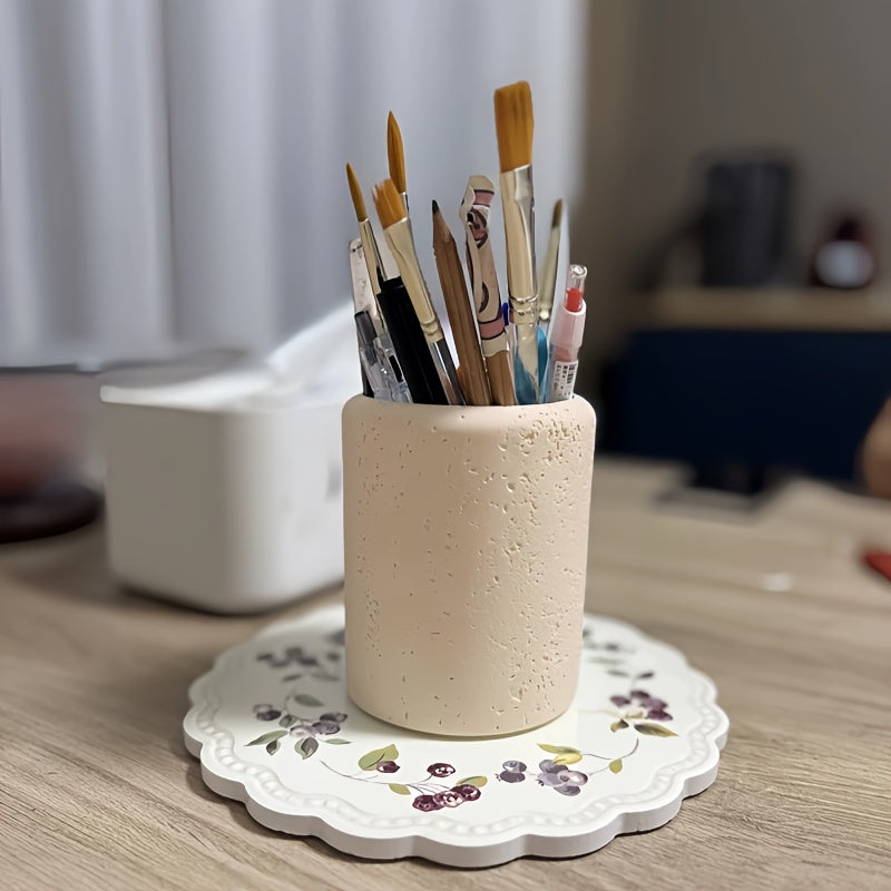 1pc Bohemian Style Pen Holder with Stone Pattern, Multi-Functional Desktop Organizer for Office Desk, Cute Aesthetic Makeup Brush Storage Box, Portable Polished Finish, Ideal for Home Office Art Supplies, Office Supplies And House Of Avana