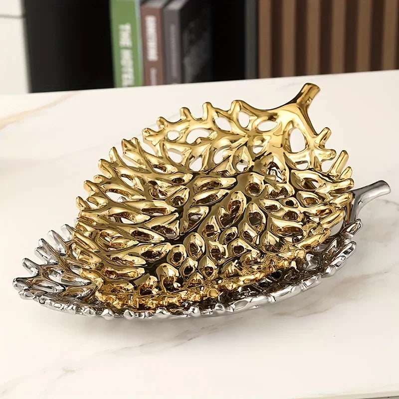 Ceramic Decorative Tray - Leaf Pattern Design, Suitable for Living Room and Dining Room Decoration,... - House Of Avana