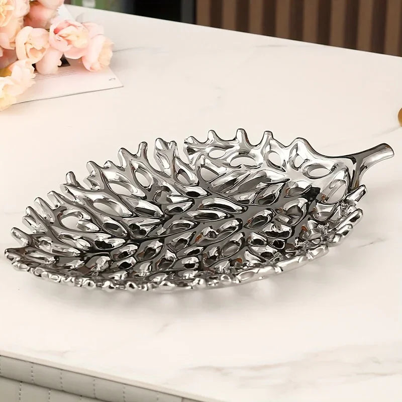 Ceramic Decorative Tray - Leaf Pattern Design, Suitable for Living Room and Dining Room Decoration,... - House Of Avana