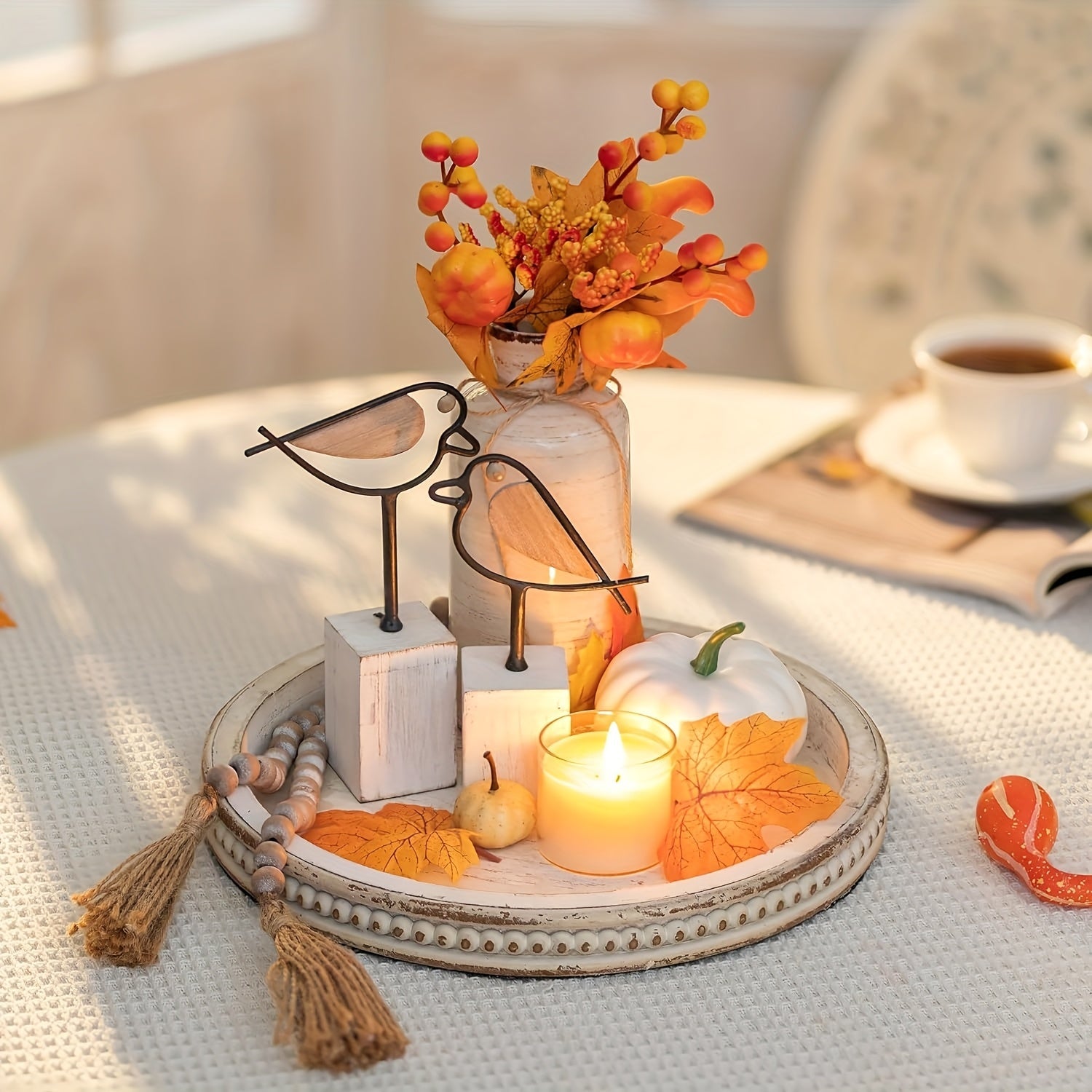 1pc Decorative Trays Decorative Serving Tray Wood: White Washed Bead Round Tray Decor for Coffee Table Rustic Wooden Trays Farmhouse Centerpiece for Living Room Kitchen Counter Wedding Christmas Halloween, Decoration Tray, Ro House Of Avana