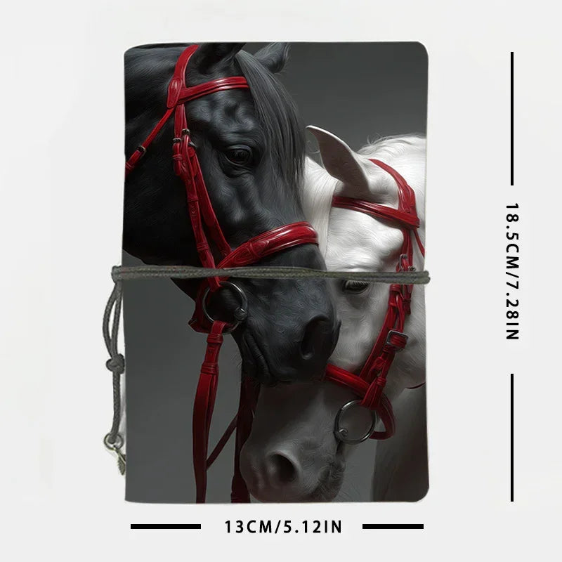 Elegant Horse-themed Aesthetic Leather Notebook - Sheets/160 Pages with Two Horses & Red Halters Design,... - House Of Avana