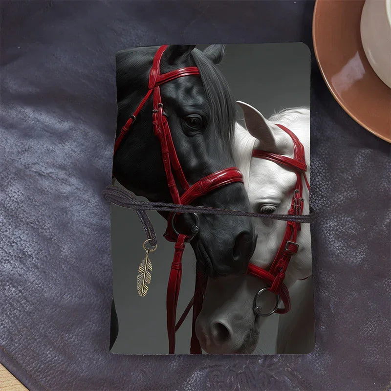 Elegant Horse-themed Aesthetic Leather Notebook - Sheets/160 Pages with Two Horses & Red Halters Design,... - House Of Avana