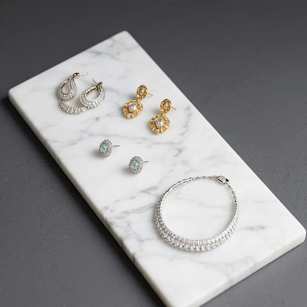 Elegant White Marble Rectangular Tray - Modern Polished Stone Decorative Tray for Vanity, Bathroom,... - House Of Avana