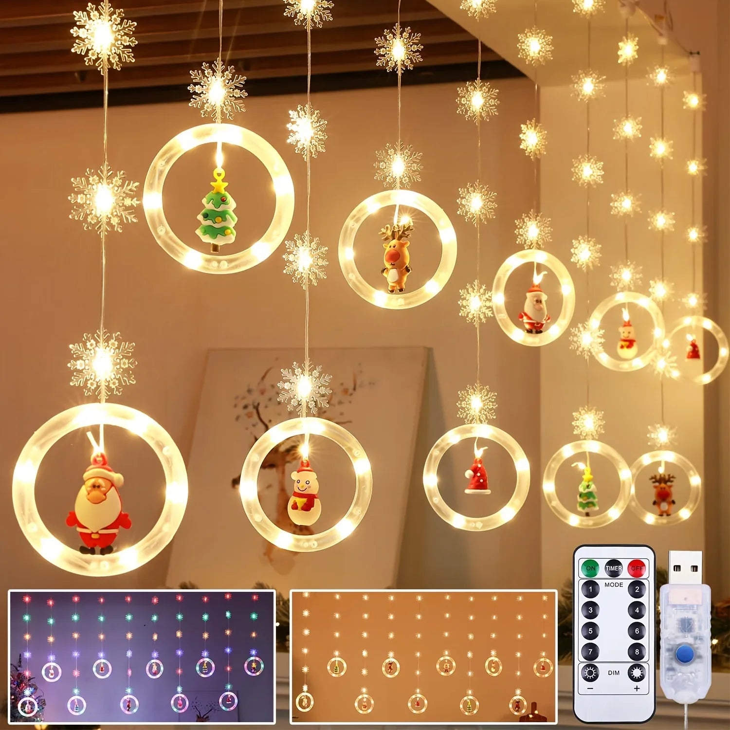 1pc LED Window Curtain Lights with Snowflake, 8 Modes USB Operated Christmas Fairy Lights, 3m/9.8ft LED Hanging Ring Lights with Ornament, Backdrop Light for Bedroom Wedding Party Wall,  Snowflake Lights, Multimode Lights, Ho House Of Avana
