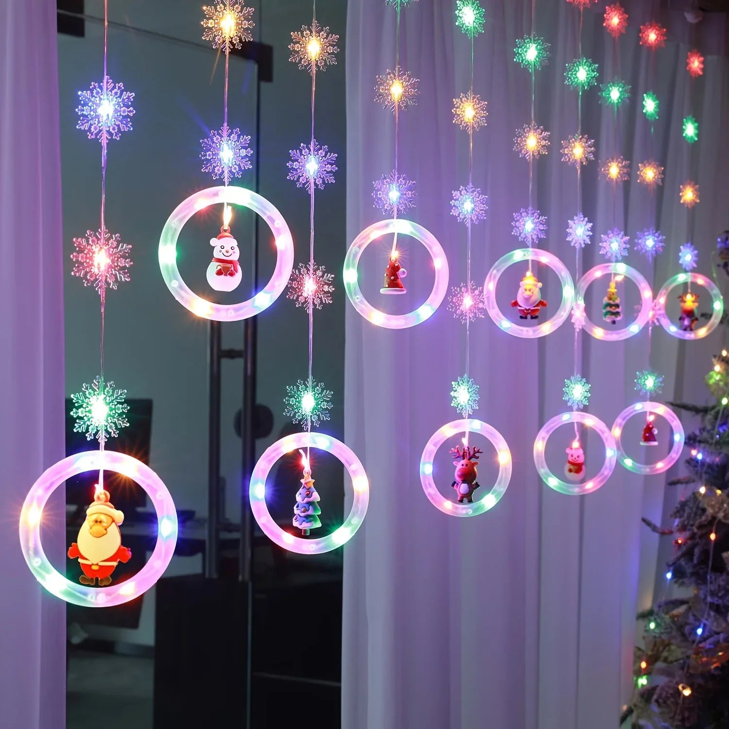 1pc LED Window Curtain Lights with Snowflake, 8 Modes USB Operated Christmas Fairy Lights, 3m/9.8ft LED Hanging Ring Lights with Ornament, Backdrop Light for Bedroom Wedding Party Wall,  Snowflake Lights, Multimode Lights, Ho House Of Avana