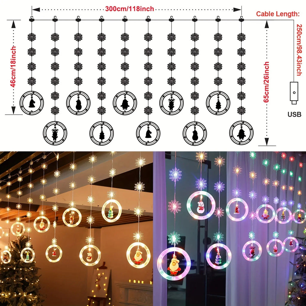 1pc LED Window Curtain Lights with Snowflake, 8 Modes USB Operated Christmas Fairy Lights, 3m/9.8ft LED Hanging Ring Lights with Ornament, Backdrop Light for Bedroom Wedding Party Wall,  Snowflake Lights, Multimode Lights, Ho House Of Avana