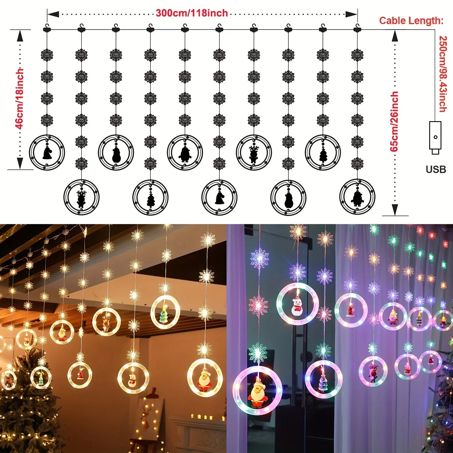 1pc LED Window Curtain Lights with Snowflake, 8 Modes USB Operated Christmas Fairy Lights, 3m/9.8ft LED Hanging Ring Lights with Ornament, Backdrop Light for Bedroom Wedding Party Wall,  Snowflake Lights, Multimode Lights, Ho House Of Avana