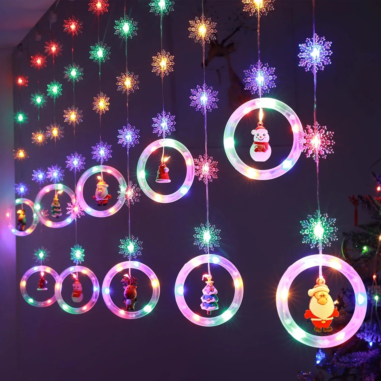 1pc LED Window Curtain Lights with Snowflake, 8 Modes USB Operated Christmas Fairy Lights, 3m/9.8ft LED Hanging Ring Lights with Ornament, Backdrop Light for Bedroom Wedding Party Wall,  Snowflake Lights, Multimode Lights, Ho House Of Avana