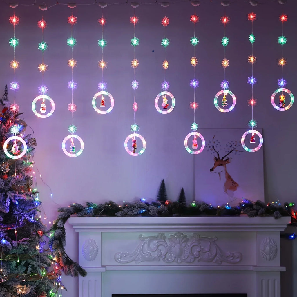1pc LED Window Curtain Lights with Snowflake, 8 Modes USB Operated Christmas Fairy Lights, 3m/9.8ft LED Hanging Ring Lights with Ornament, Backdrop Light for Bedroom Wedding Party Wall,  Snowflake Lights, Multimode Lights, Ho House Of Avana