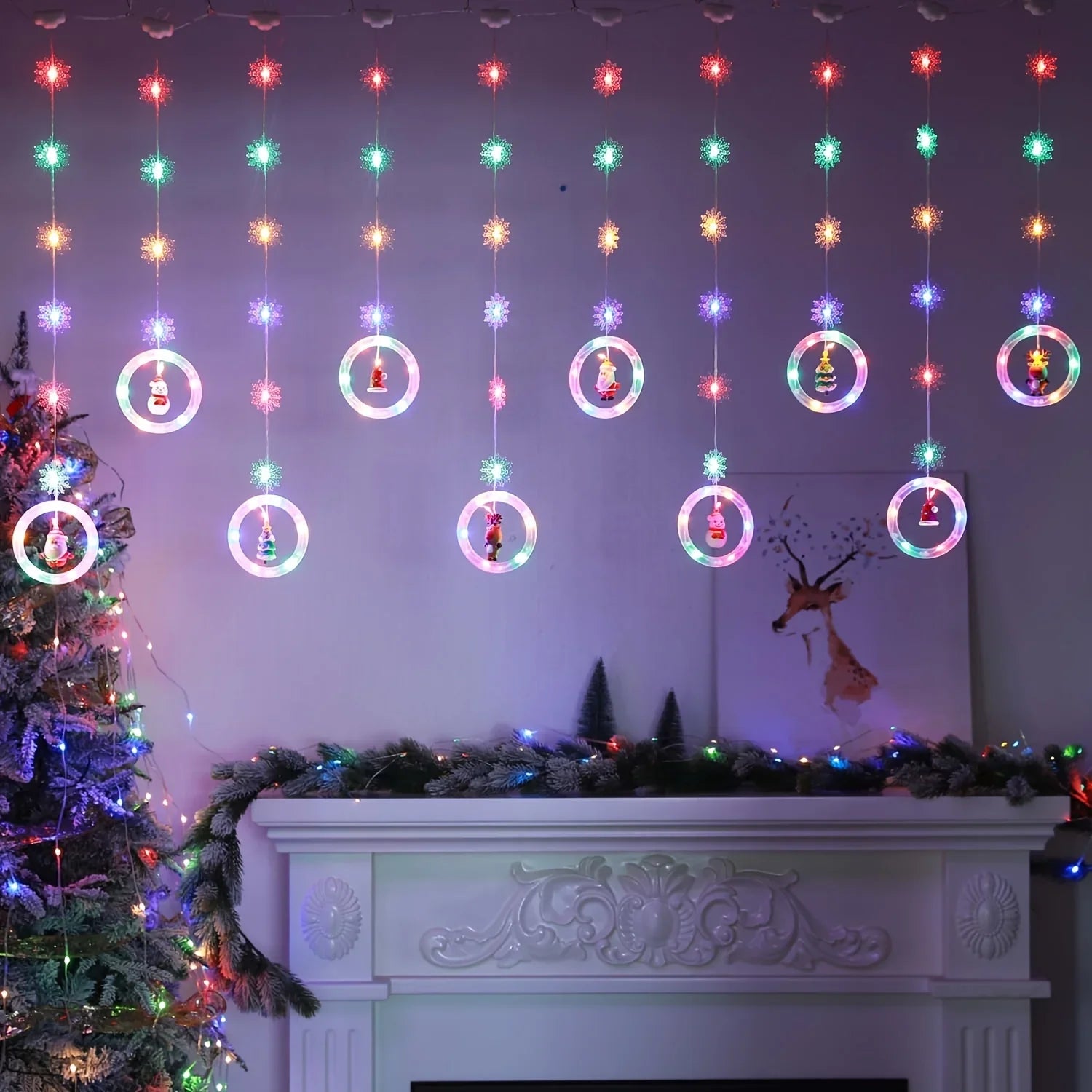 1pc LED Window Curtain Lights with Snowflake, 8 Modes USB Operated Christmas Fairy Lights, 3m/9.8ft LED Hanging Ring Lights with Ornament, Backdrop Light for Bedroom Wedding Party Wall,  Snowflake Lights, Multimode Lights, Ho House Of Avana