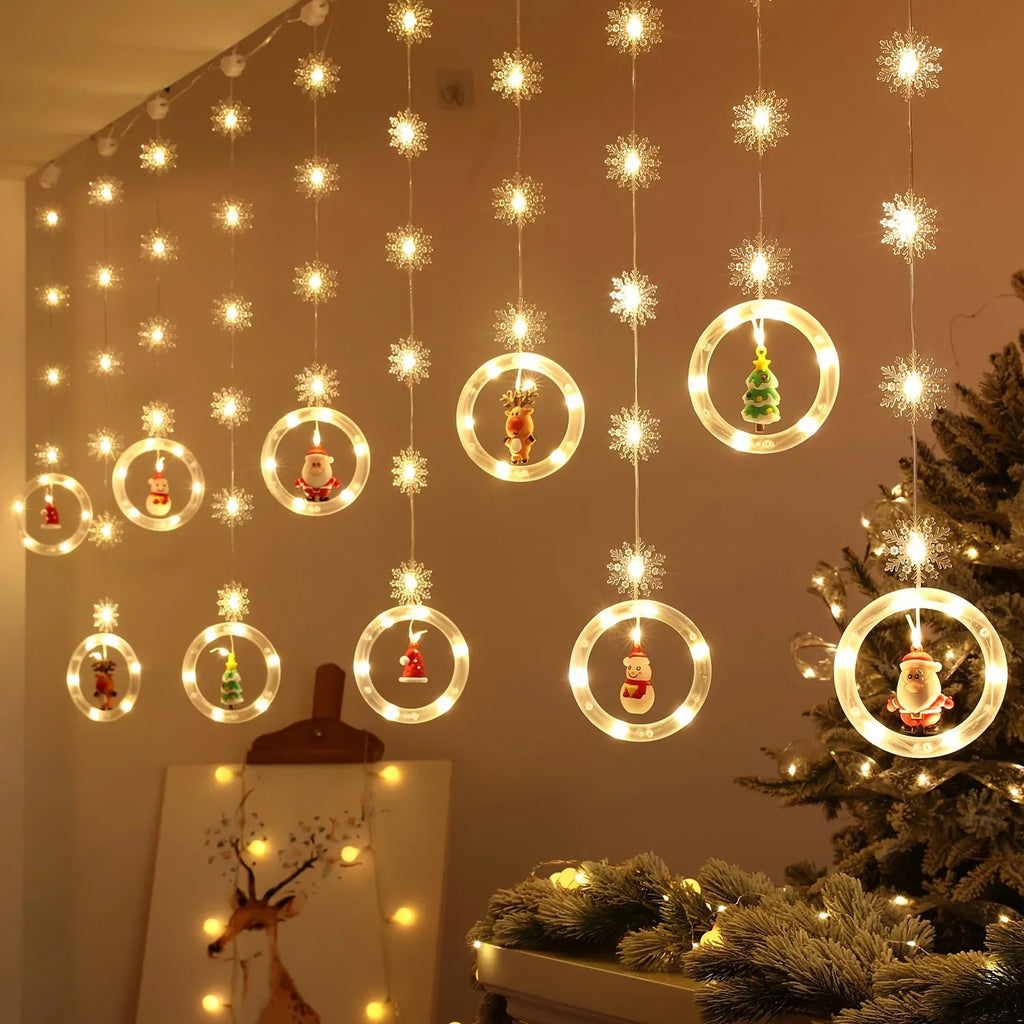 1pc LED Window Curtain Lights with Snowflake, 8 Modes USB Operated Christmas Fairy Lights, 3m/9.8ft LED Hanging Ring Lights with Ornament, Backdrop Light for Bedroom Wedding Party Wall,  Snowflake Lights, Multimode Lights, Ho House Of Avana