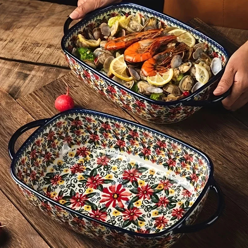 Polish Ceramic Rectangular Baking Dish with Handles, Hand-painted Embossed Floral Design, Versatile... - House Of Avana [[SKU:HOA-TWR-012]]