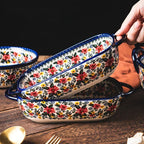 Polish Ceramic Rectangular Baking Dish with Handles, Hand-painted Embossed Floral Design, Versatile... - House Of Avana [[SKU:HOA-TWR-012]]