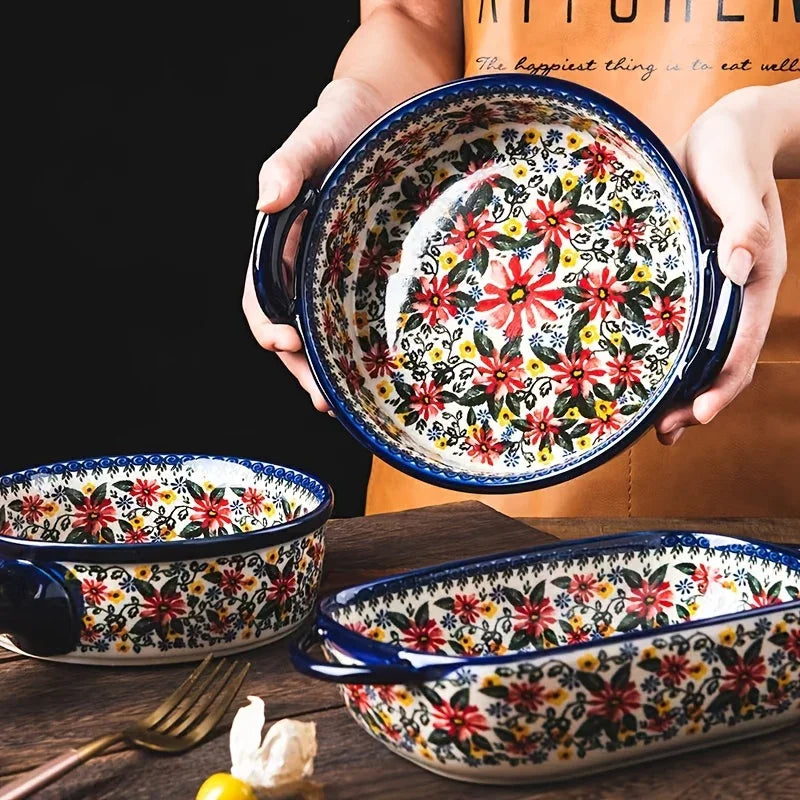 Polish Ceramic Rectangular Baking Dish with Handles, Hand-painted Embossed Floral Design, Versatile... - House Of Avana [[SKU:HOA-TWR-012]]
