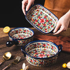 Polish Ceramic Rectangular Baking Dish with Handles, Hand-painted Embossed Floral Design, Versatile... - House Of Avana [[SKU:HOA-TWR-012]]