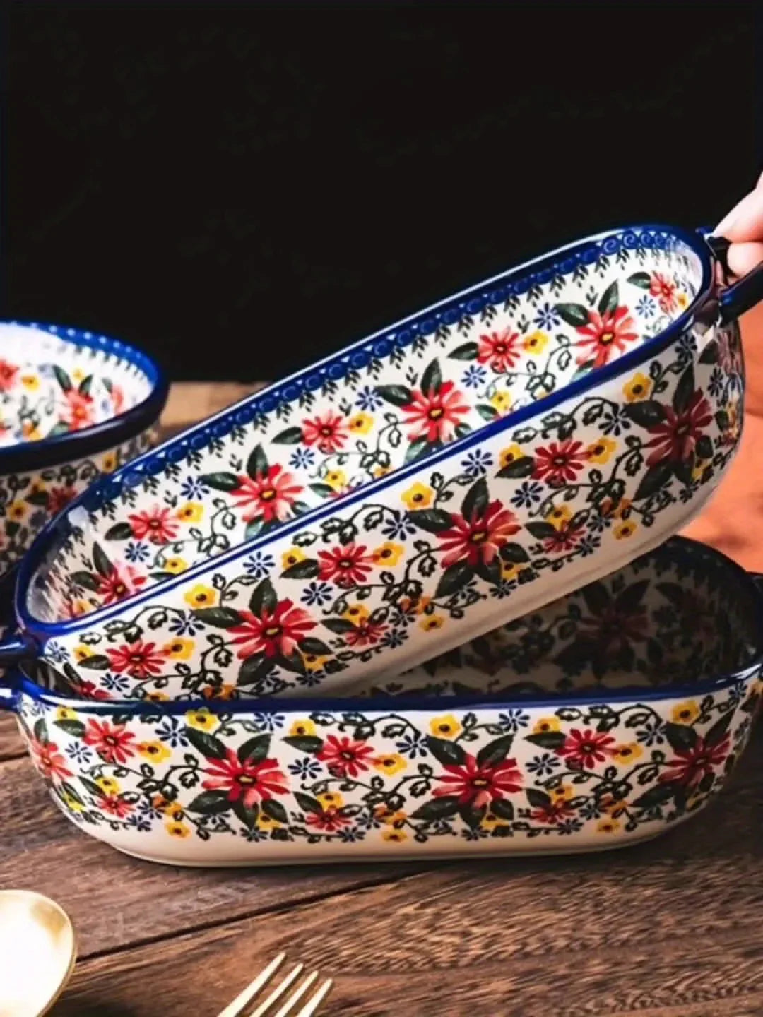 Polish Ceramic Rectangular Baking Dish with Handles, Hand-painted Embossed Floral Design, Versatile... - House Of Avana [[SKU:HOA-TWR-012]]
