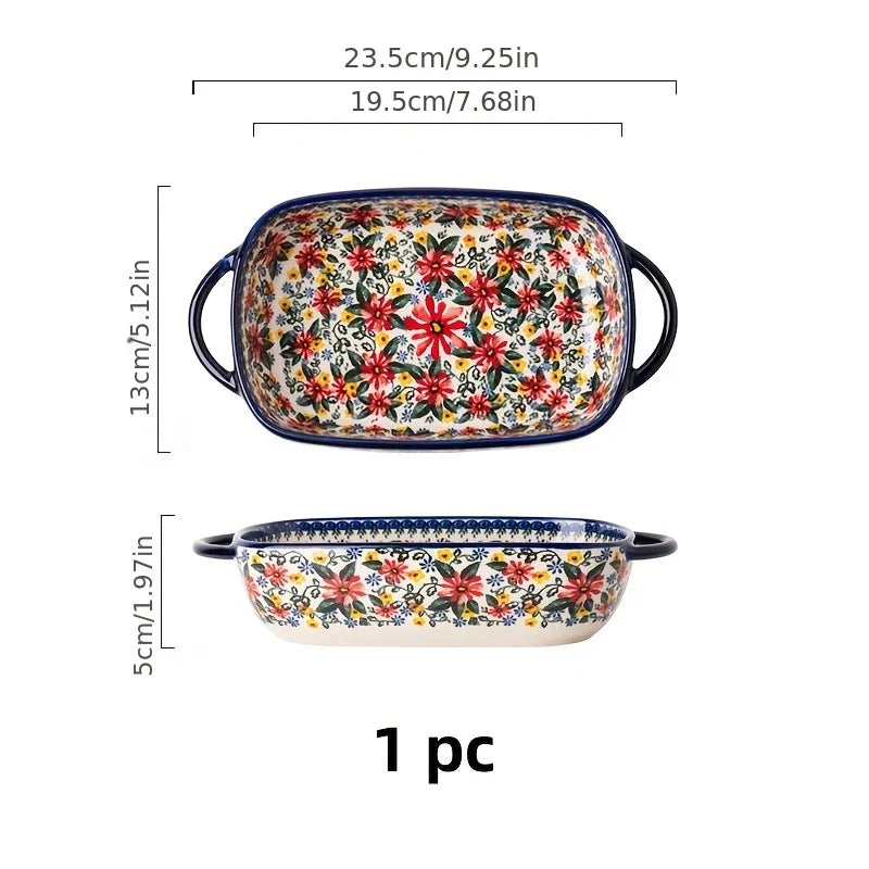 Polish Ceramic Rectangular Baking Dish with Handles, Hand-painted Embossed Floral Design, Versatile... - House Of Avana [[SKU:HOA-TWR-012]]