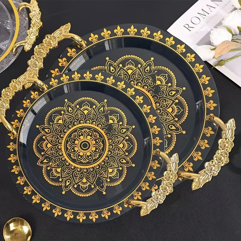 Round Golden Embossed White Tray, Home Fruit Plate, Tea Tray, European Breakfast Tray, Round Wide-edge... - House Of Avana