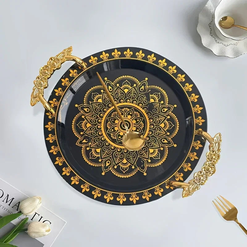Round Golden Embossed White Tray, Home Fruit Plate, Tea Tray, European Breakfast Tray, Round Wide-edge... - House Of Avana